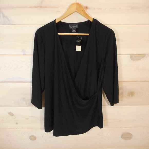 NWT Lane Bryant Womens Size 14/16 Black Top Surplice Deep V-neck 3/4 Sleeve - Picture 1 of 11